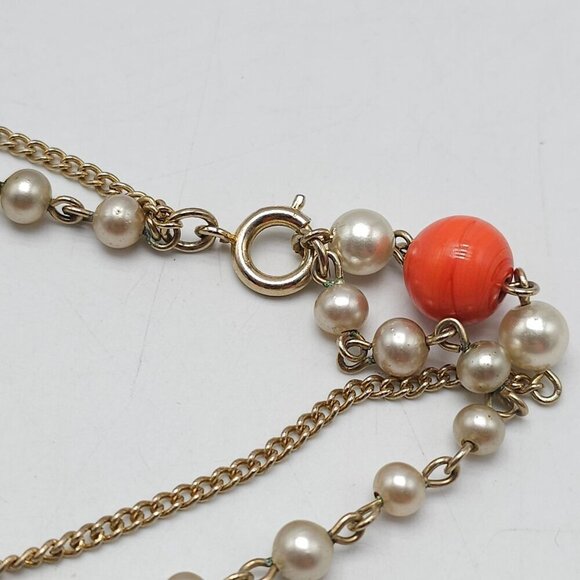Vintage Gold Tone Double Strand Necklace Faux Pearls Coral Beads - Picture 2 of 5
